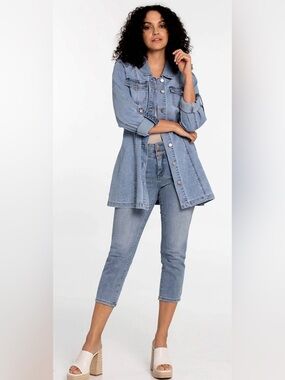 Long Light Blue Denim Jean Jacket - Button-Front Women's Coat